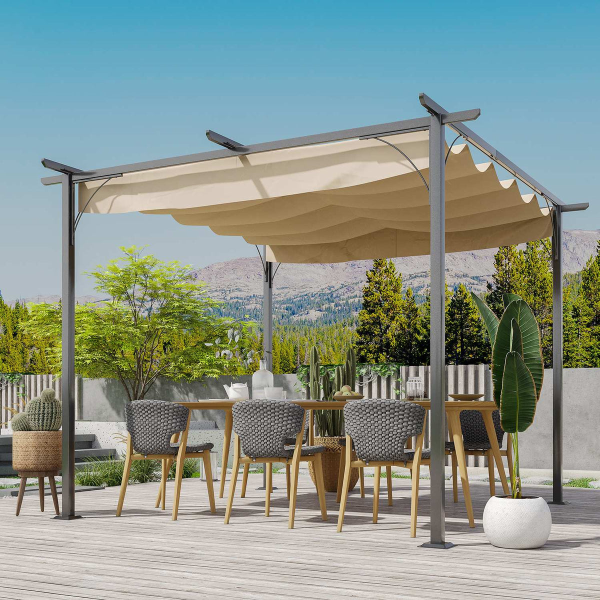 Pergola Waterproof Gazebo 3 X 3 M Patio Canopy With Sliding Roof, Uv Protection For Garden Aluminum Beige