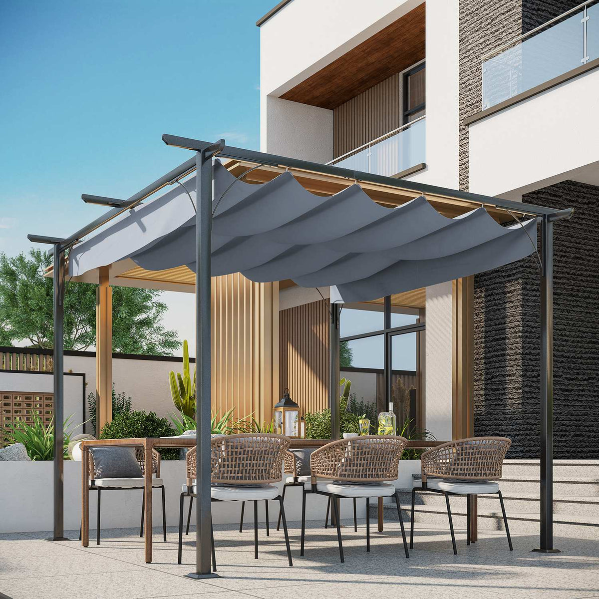 Pergola Waterproof Gazebo 3 X 3 M Patio Canopy With Sliding Roof, Uv Protection For Garden Metal Black + Gray