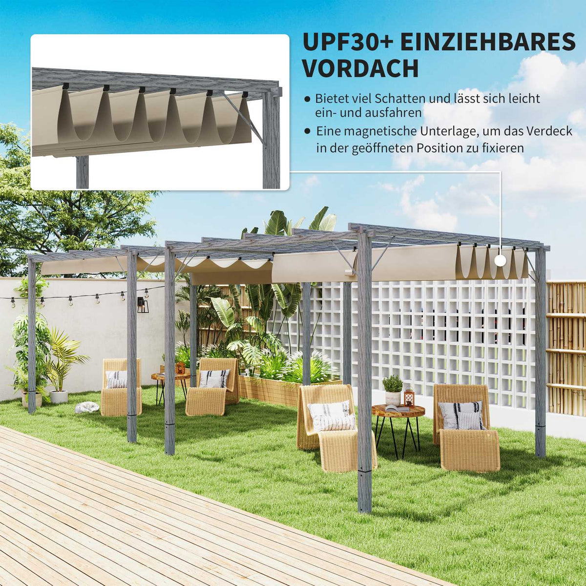 Pergola approx. 3x3m garden pavilion with magnetic pad, patio roof made of aluminum, garden pavilion with adjustable roof, free-standing, UV protection 30+, for terrace and garden, gray