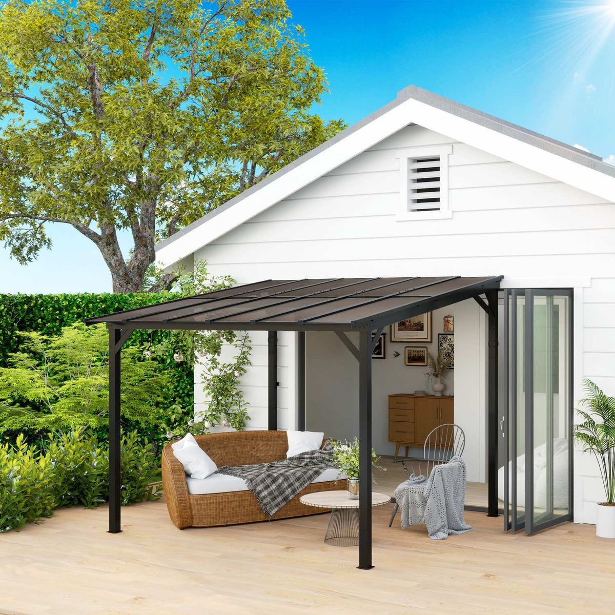 Pergola pavilion approx. 3x3m, waterproof, stable, winterproof patio canopy with UV protection 50+, wall-mounted garden pavilion made of metal, sun protection for garden, terrace, balcony, dark gray