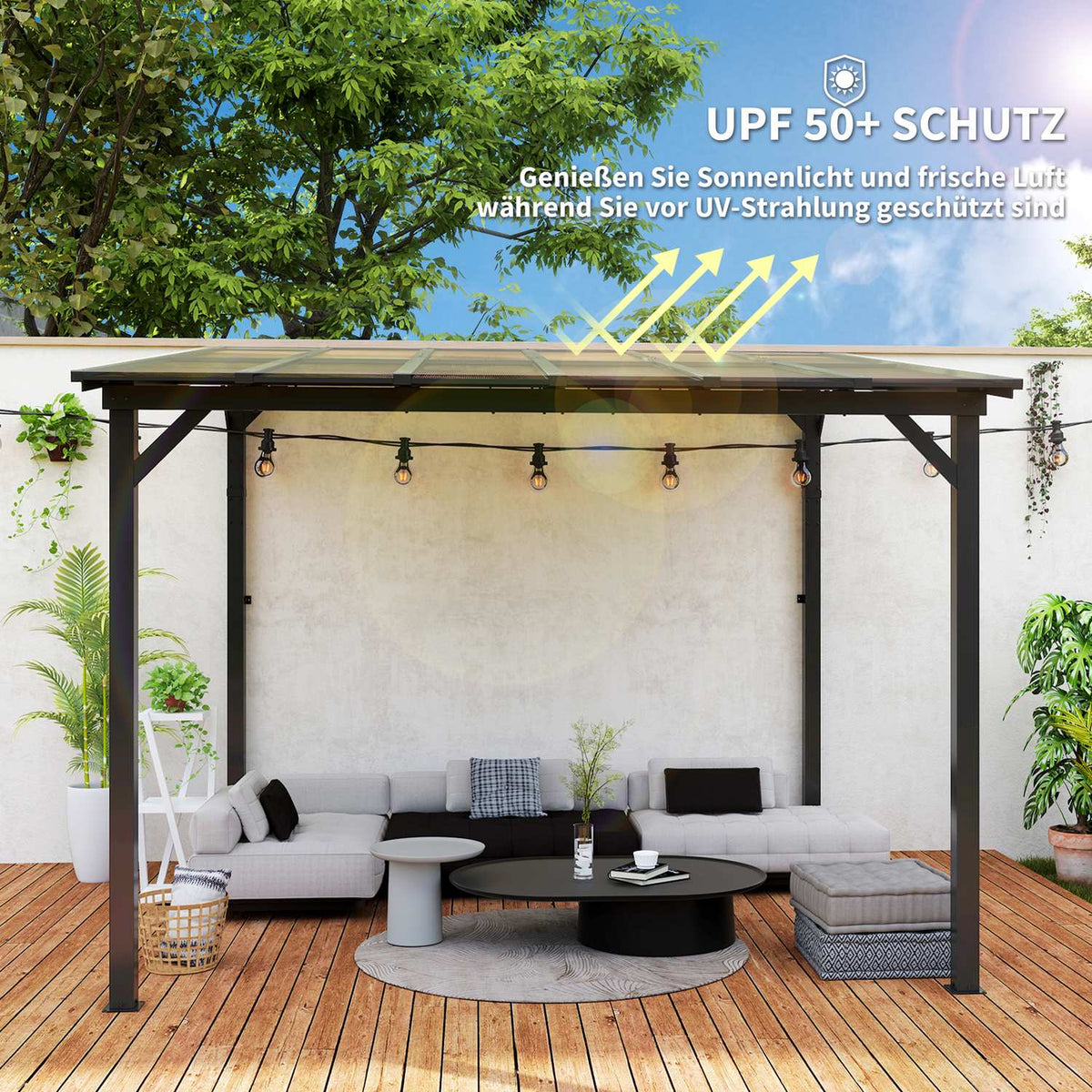 Pergola pavilion approx. 3x3m, waterproof, stable, winterproof patio canopy with UV protection 50+, wall-mounted garden pavilion made of metal, sun protection for garden, terrace, balcony, dark gray