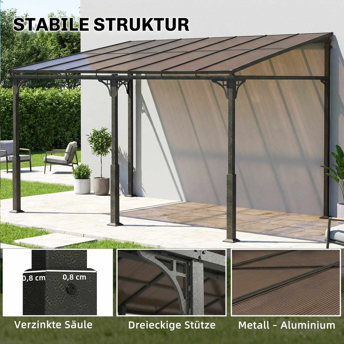 Pergola with Polycarbonate Roof, Metal Frame, 400x300 cm