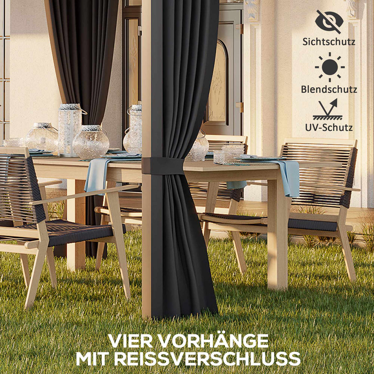 Pergola with Sliding Roof & Curtains, Dark Grey, 3.65x2.55m