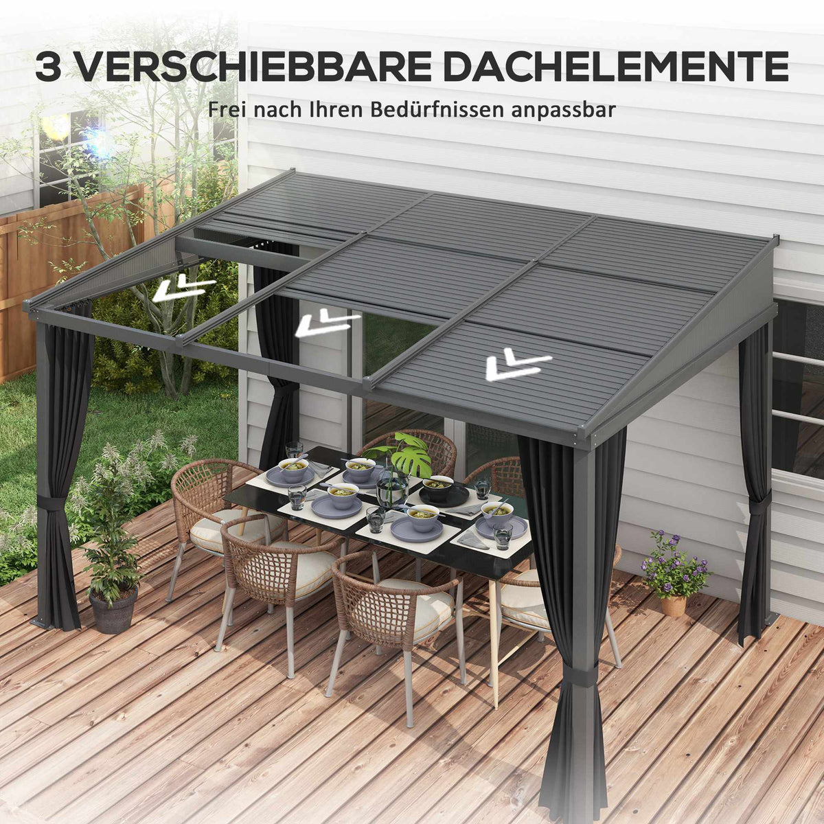 Pergola with Sliding Roof & Curtains, Dark Grey, 3.65x2.55m