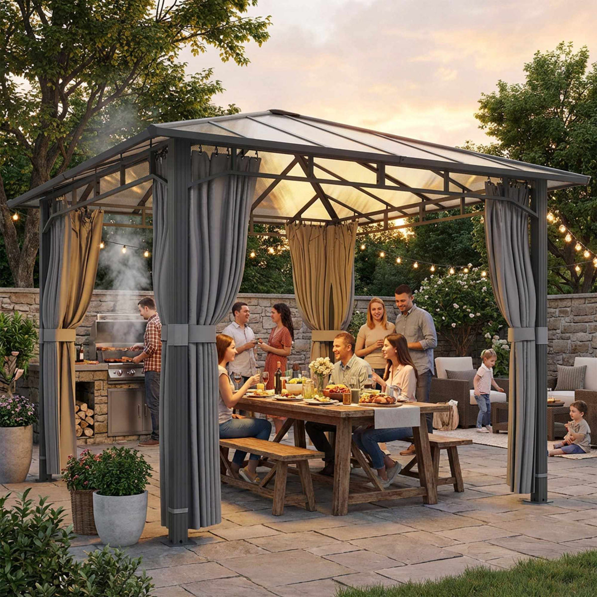 Permanent Hardtop Gazebo, 6mm PC Roof, Metal Frame, 302x302cm