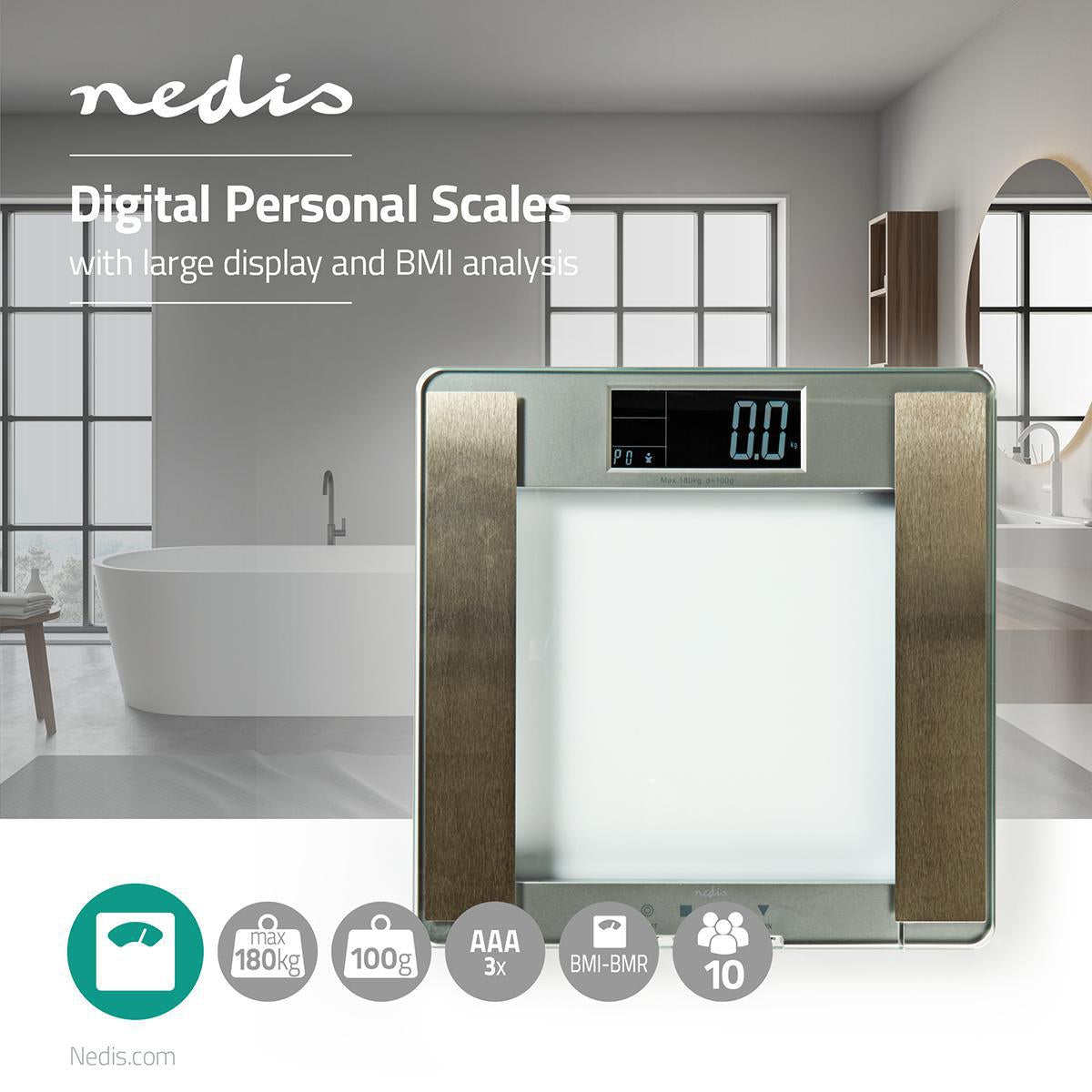 Personal scale | Digital | Silver | Tempered Glass | Maximum weighing capacity: 180 kg | Body analysis