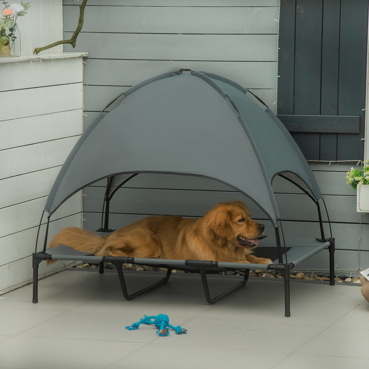 Pet Bed Canopy Raised Outdoor Dog Bed Roof Breathable Taffeta Fabric Gray 122X92X108Cm