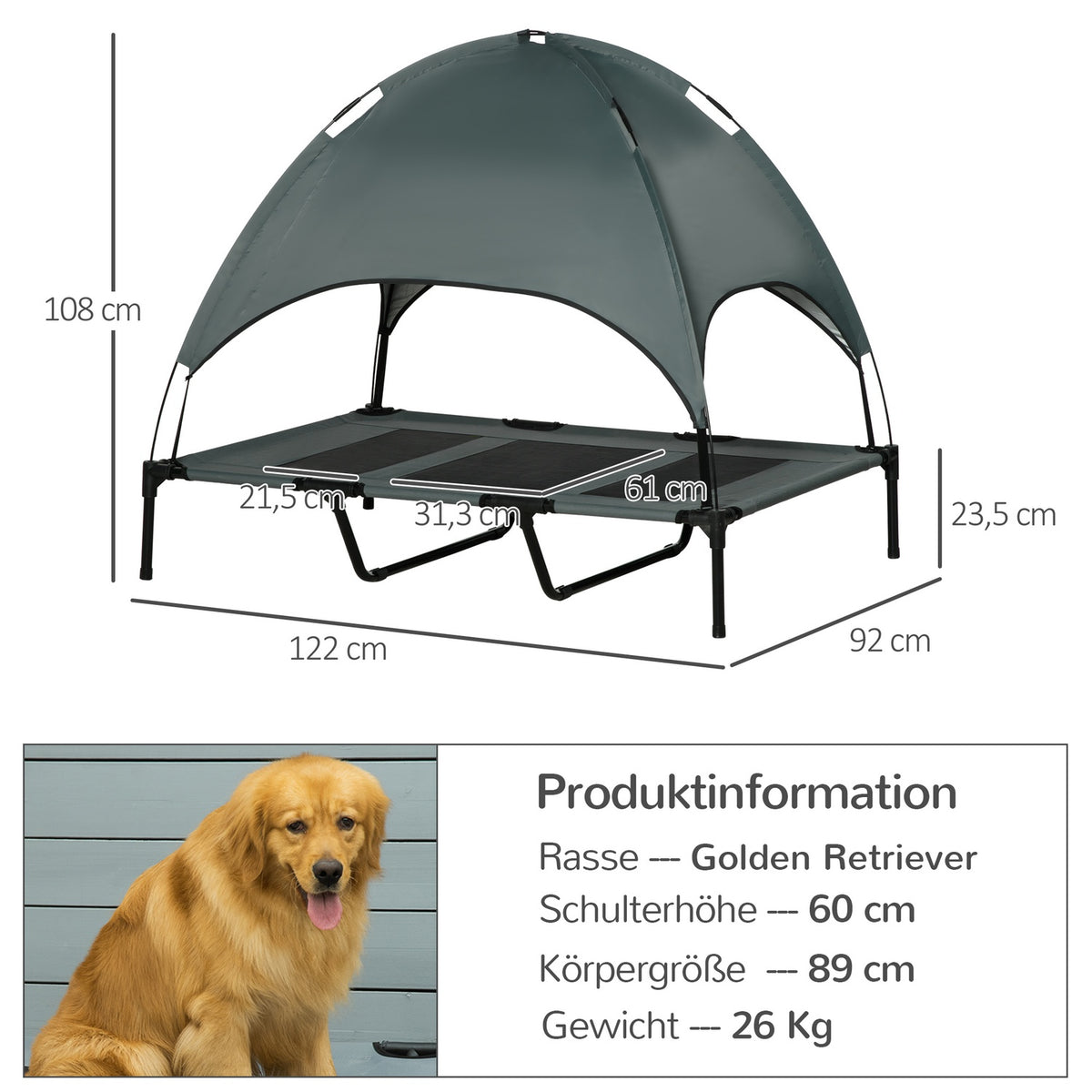 Pet Bed Canopy Raised Outdoor Dog Bed Roof Breathable Taffeta Fabric Gray 122X92X108Cm