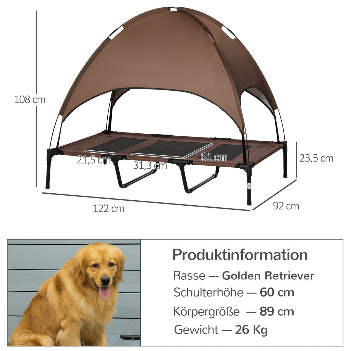 Pet Bed With Canopy, Elevated Dog Bed, Outdoor Dog Lounger With Roof, Breathable, Taffeta Fabric Coffee 122 X 92 X 108 Cm
