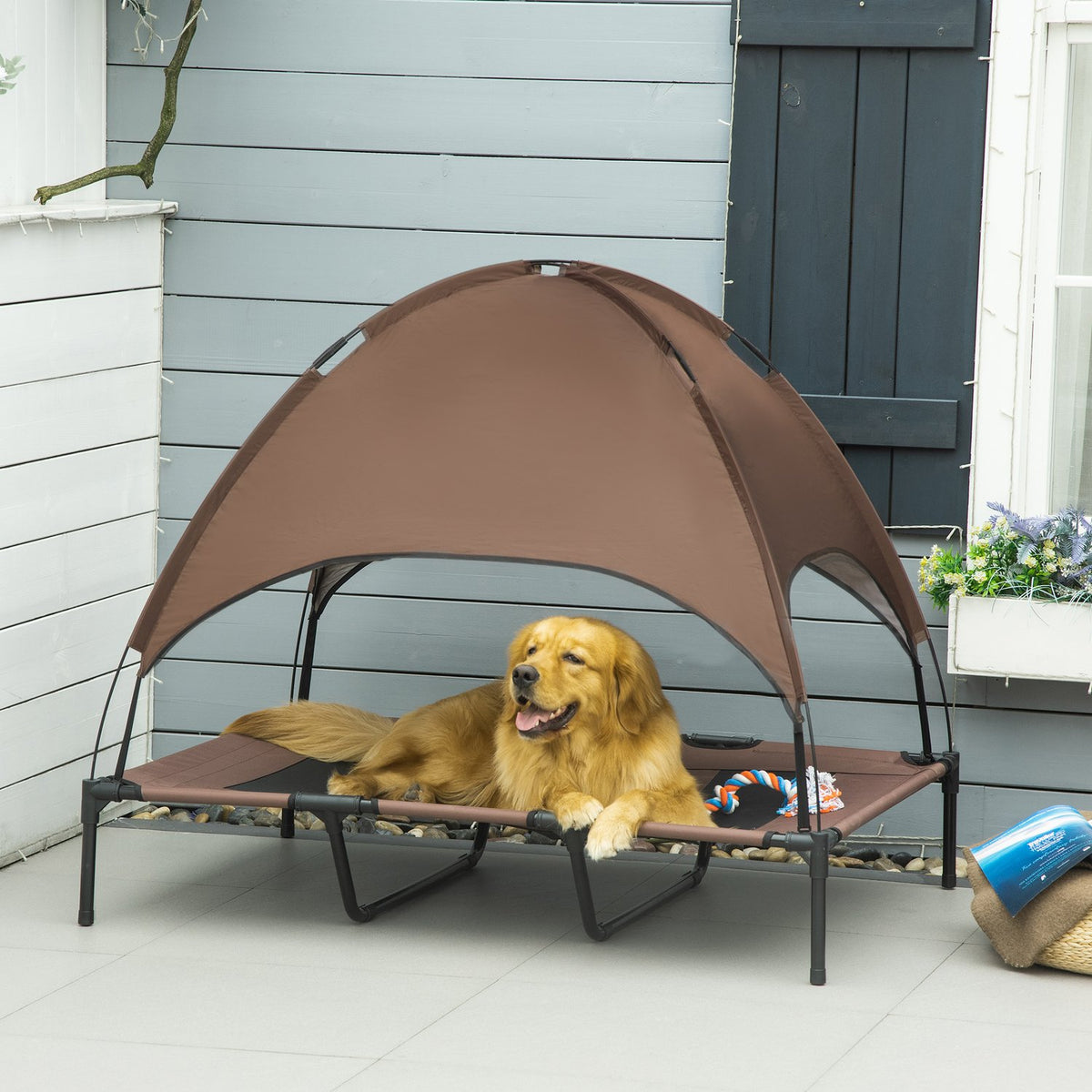 Pet Bed With Canopy, Elevated Dog Bed, Outdoor Dog Lounger With Roof, Breathable, Taffeta Fabric Coffee 122 X 92 X 108 Cm