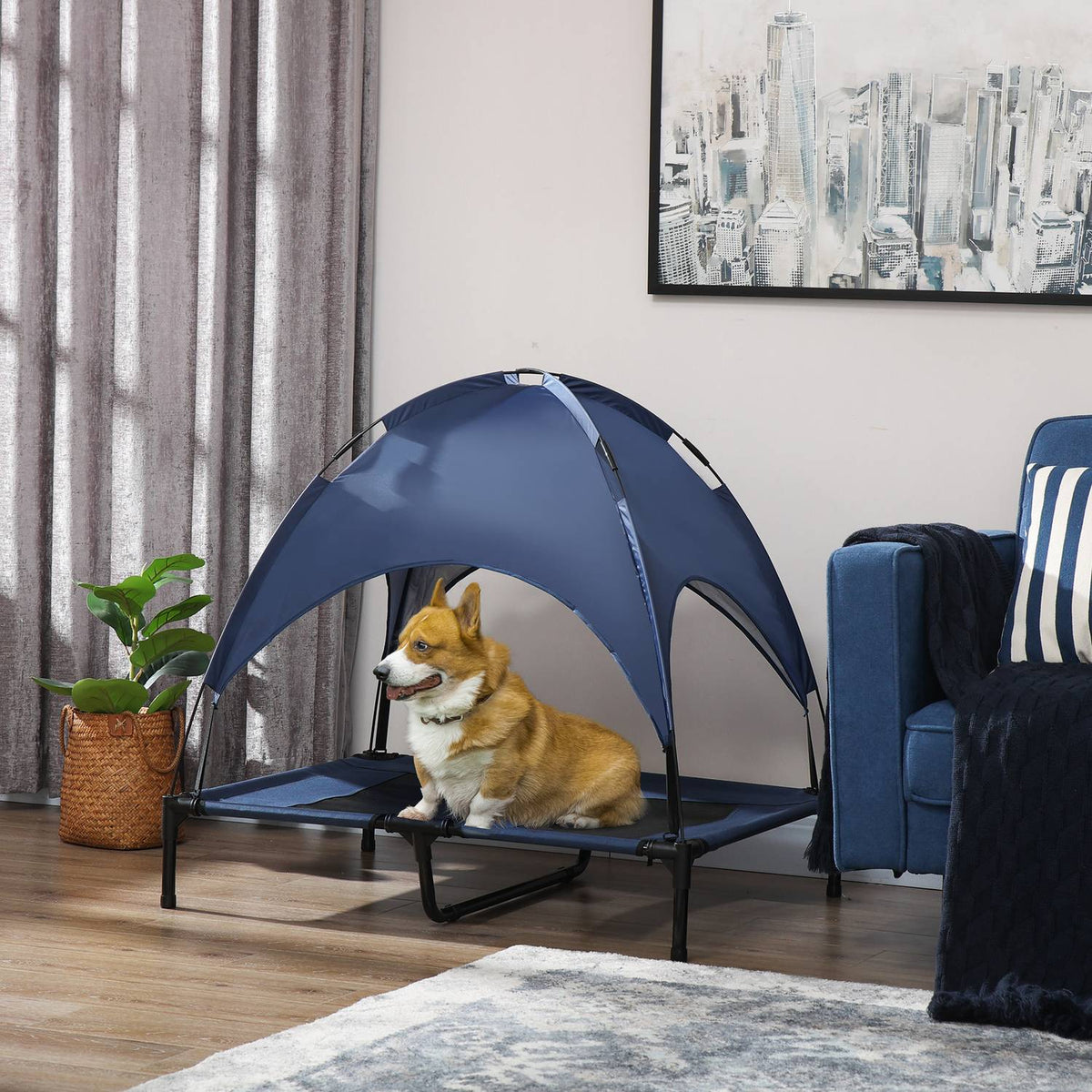 Pet Bed With Canopy Raised Dog Bed With Roof Breathable For Medium Dogs Dark Blue