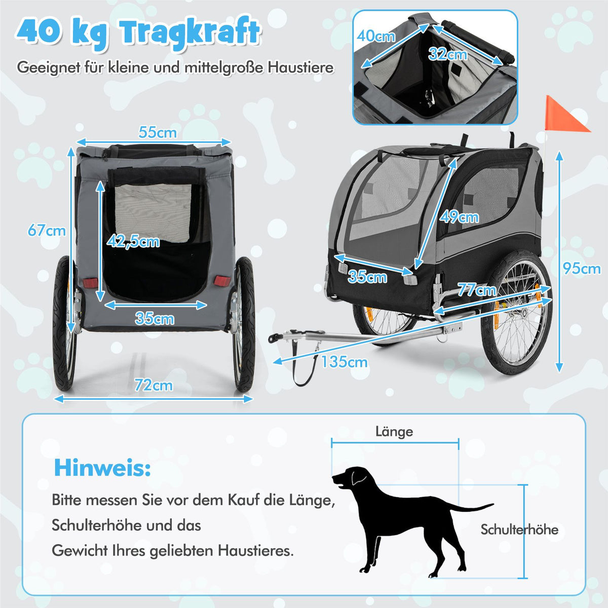 Pet Bike Trailer, Foldable, 40kg Capacity, Grey