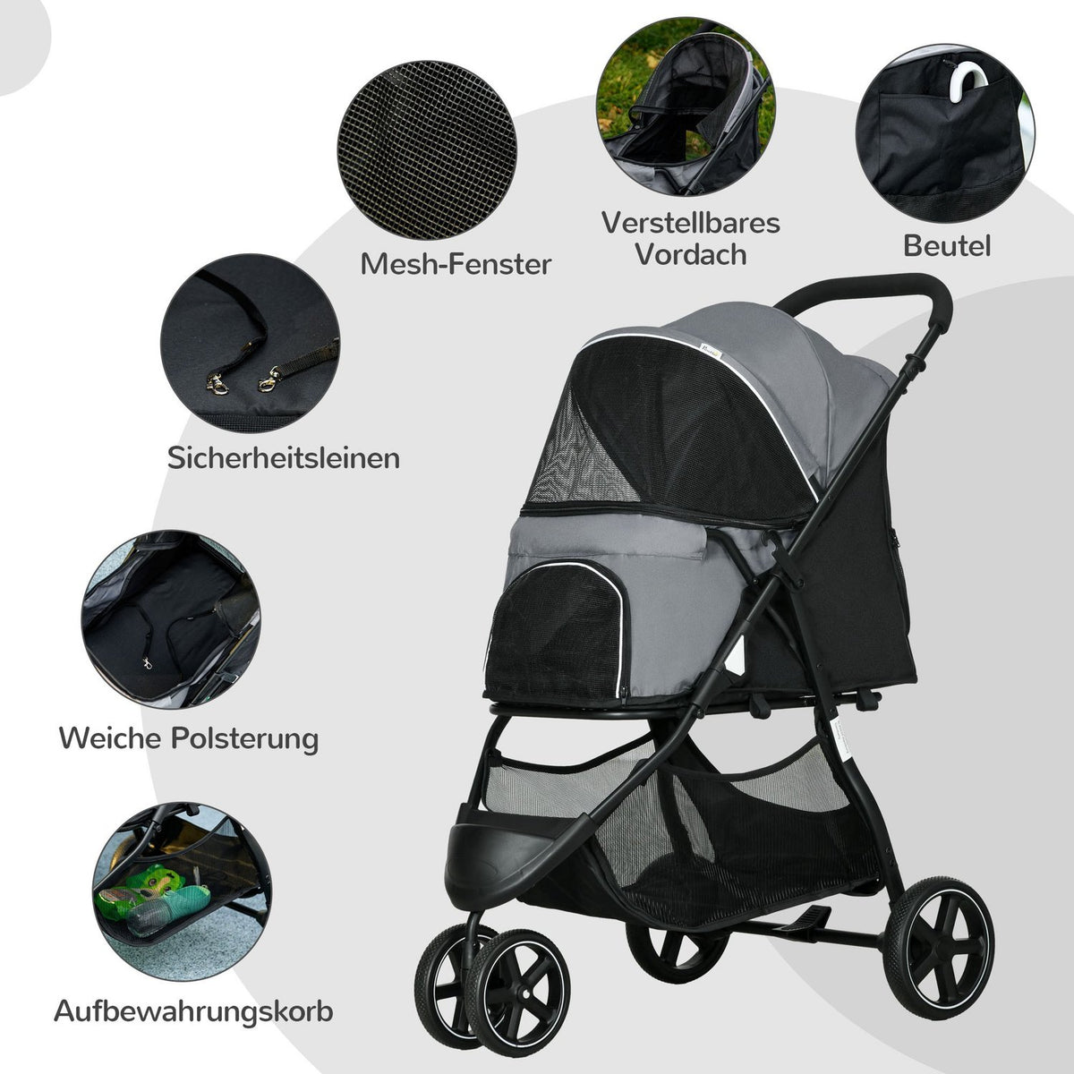 Pet Buggy Rain Cover Safety Leash Storage Basket Foldable Small Dogs Oxford Gray