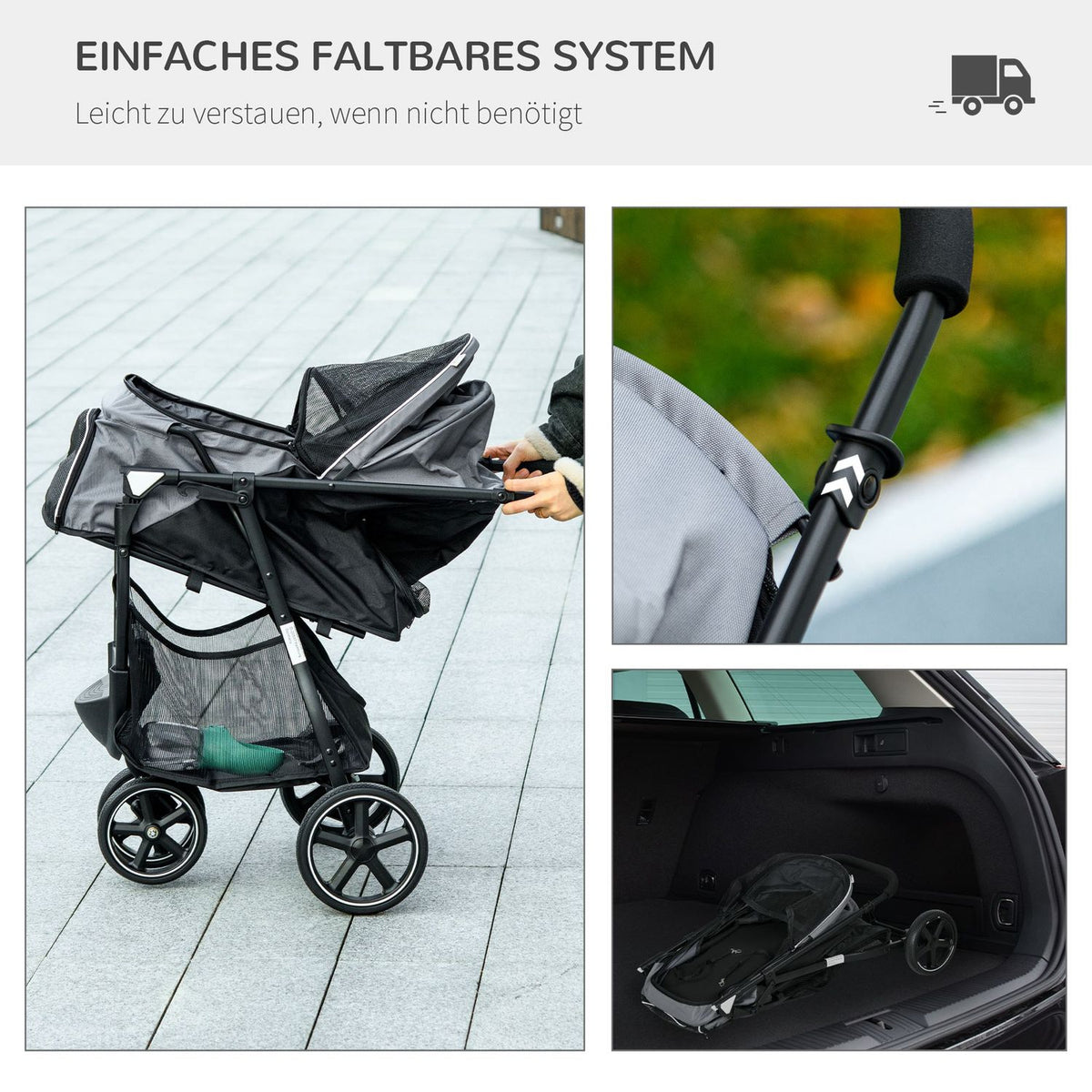 Pet Buggy Rain Cover Safety Leash Storage Basket Foldable Small Dogs Oxford Gray
