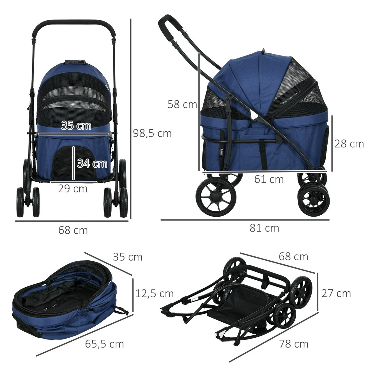 Pet Cart 2-In-1 Rain Cover Foldable Cat Cart Safety Leashes Small Dogs/Cats Oxford Dark Blue