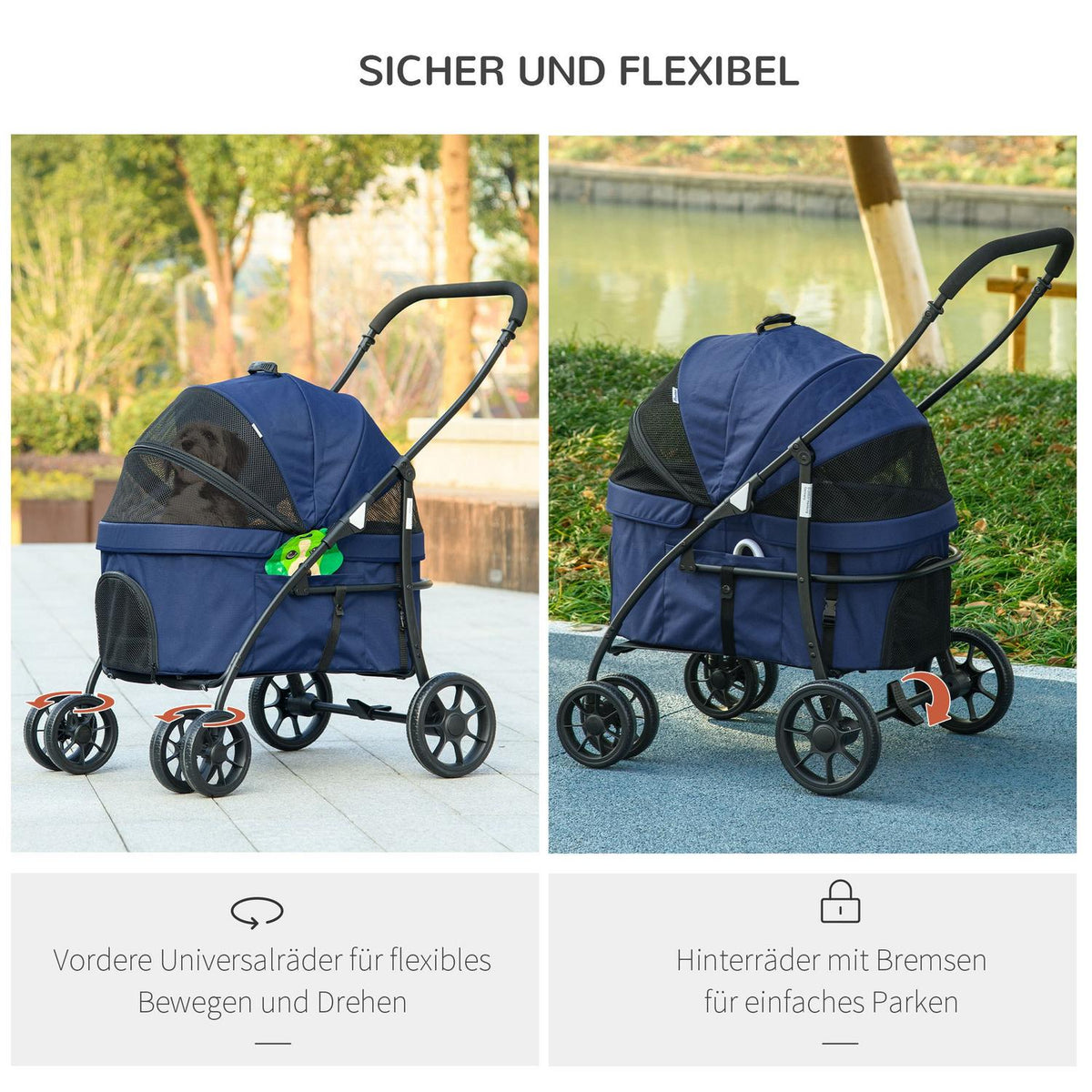 Pet Cart 2-In-1 Rain Cover Foldable Cat Cart Safety Leashes Small Dogs/Cats Oxford Dark Blue