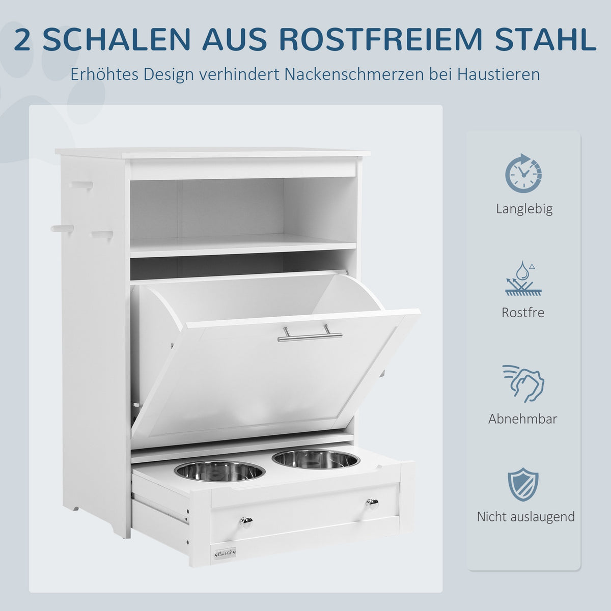 Pet Feeding Cabinet with 2 Stainless Steel Bowls, 3 Hooks, Pet Food Cabinet with Storage Cabinet, Open Compartment & Tilt Door, Dog Feeding Station for Dogs, 61 x 35.5 x 82 cm, White