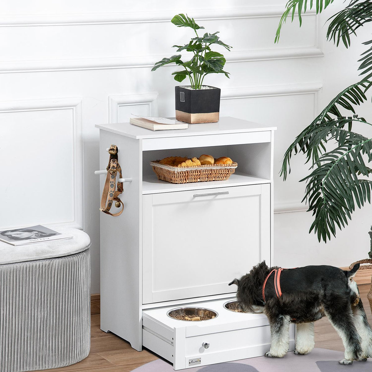 Pet Feeding Cabinet with 2 Stainless Steel Bowls, 3 Hooks, Pet Food Cabinet with Storage Cabinet, Open Compartment & Tilt Door, Dog Feeding Station for Dogs, 61 x 35.5 x 82 cm, White