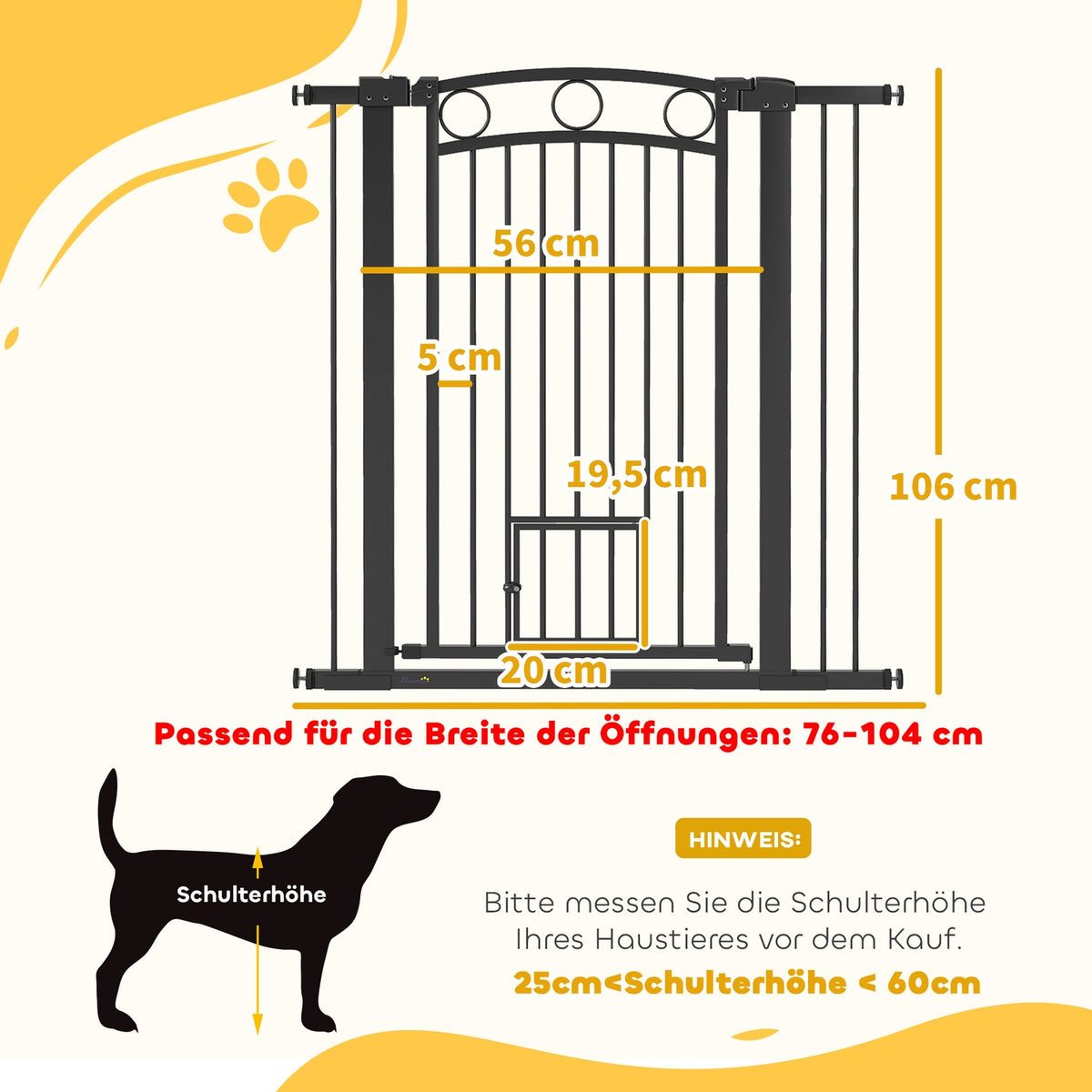 Pet Gate 106 cm, Adjustable Width, Cat Door, Black