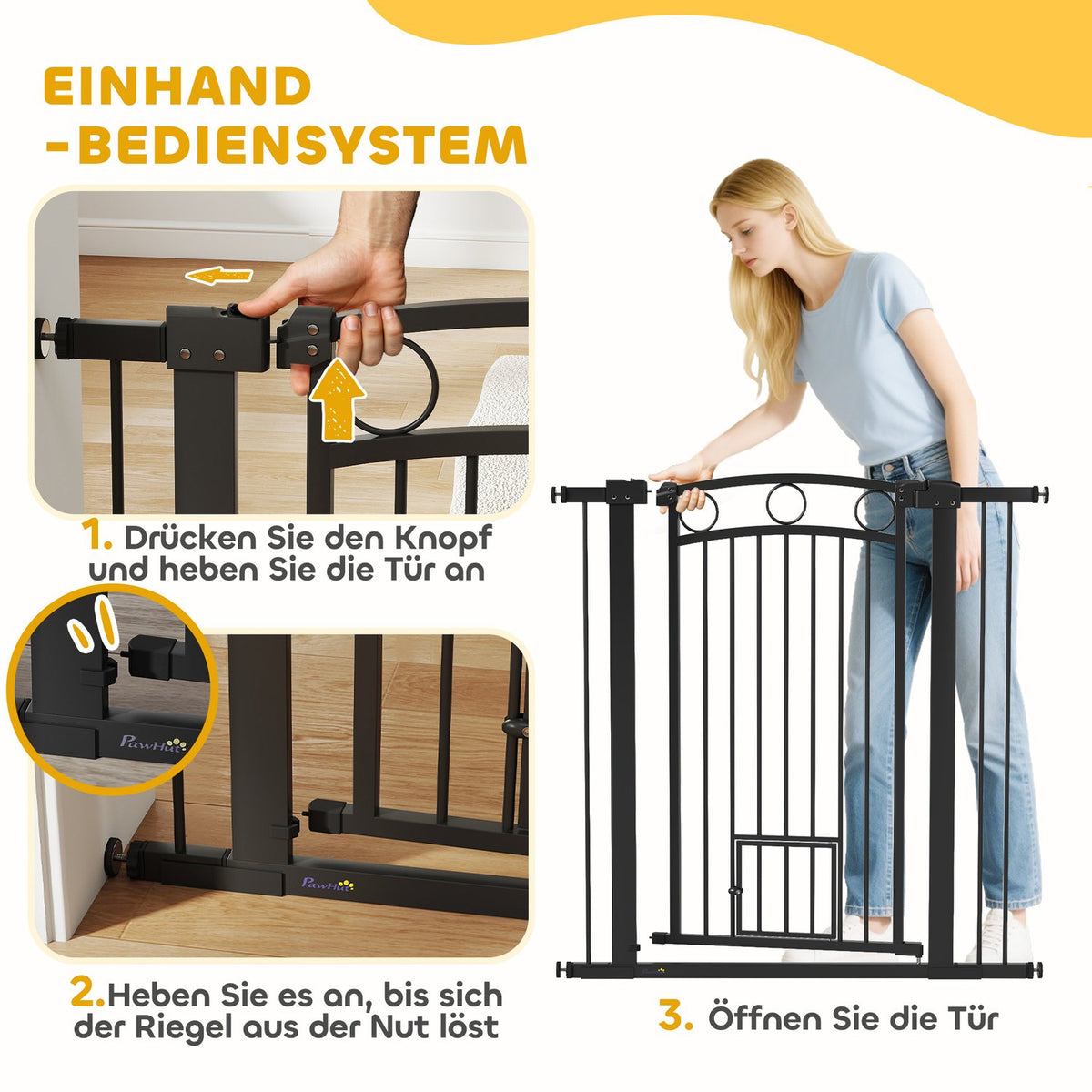 Pet Gate 106 cm, Adjustable Width, Cat Door, Black
