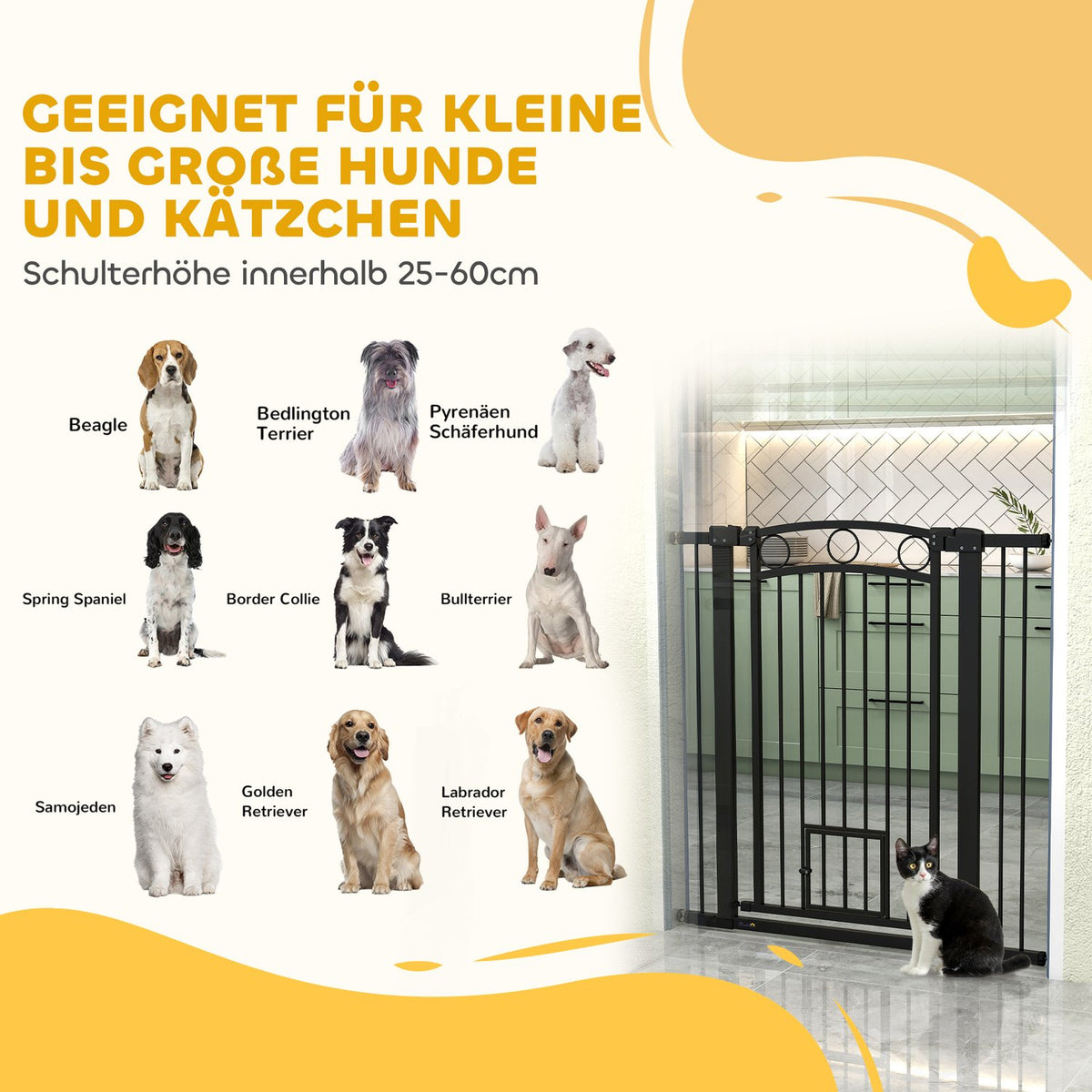 Pet Gate 106 cm, Adjustable Width, Cat Door, Black