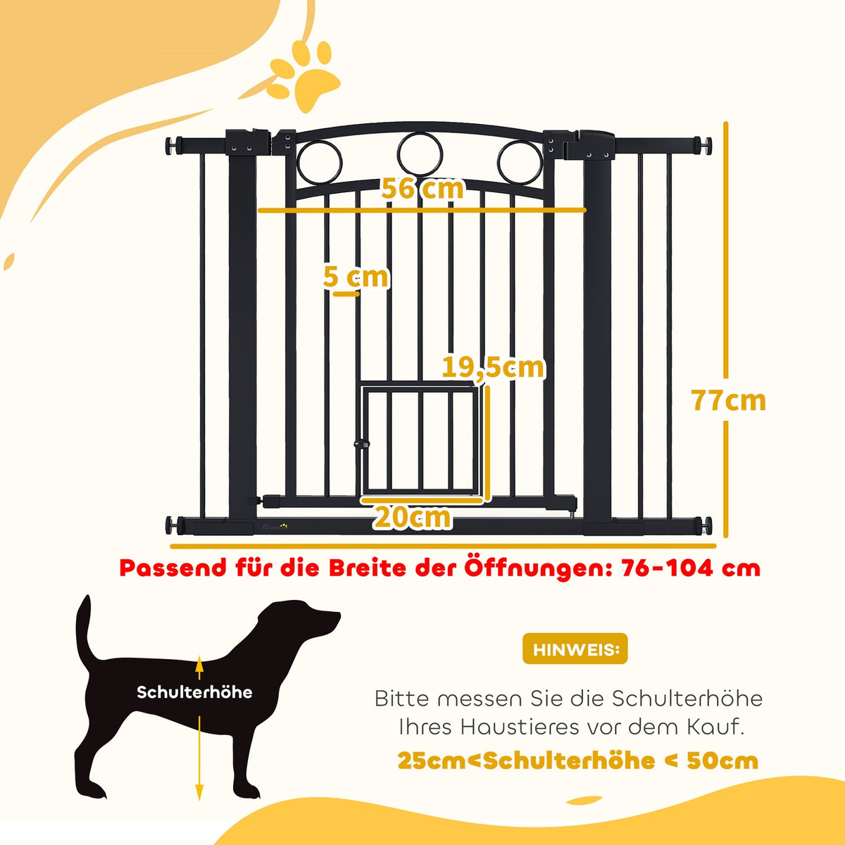 Pet Gate, 77 cm, Adjustable 76-104 cm, Cat Door, Black