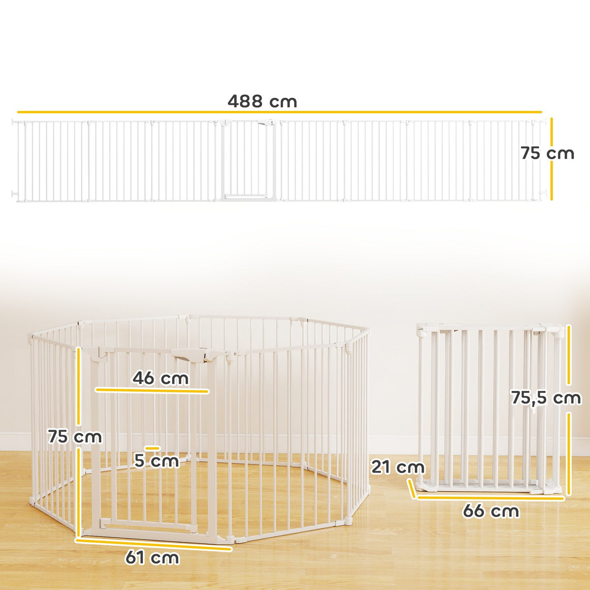 Pet Gate, 8-Panel Foldable Barrier with Door, White