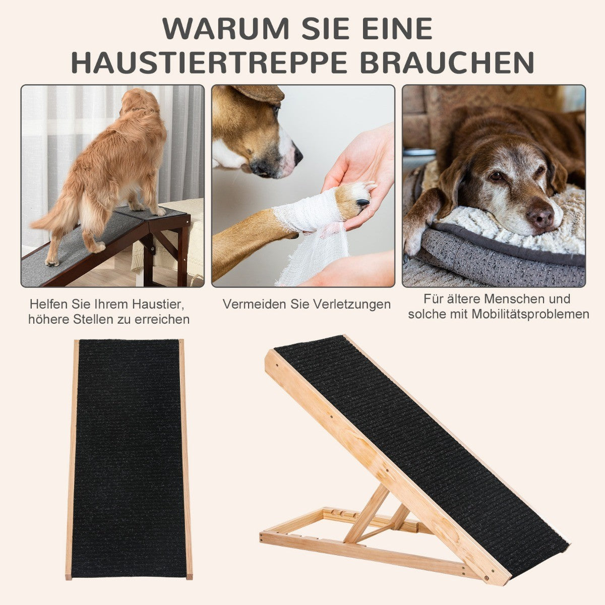 Pet Ramp Adjustable Dog Ramp With Non-Slip Carpet, Pinewood, Polyester, 90X40X61Cm