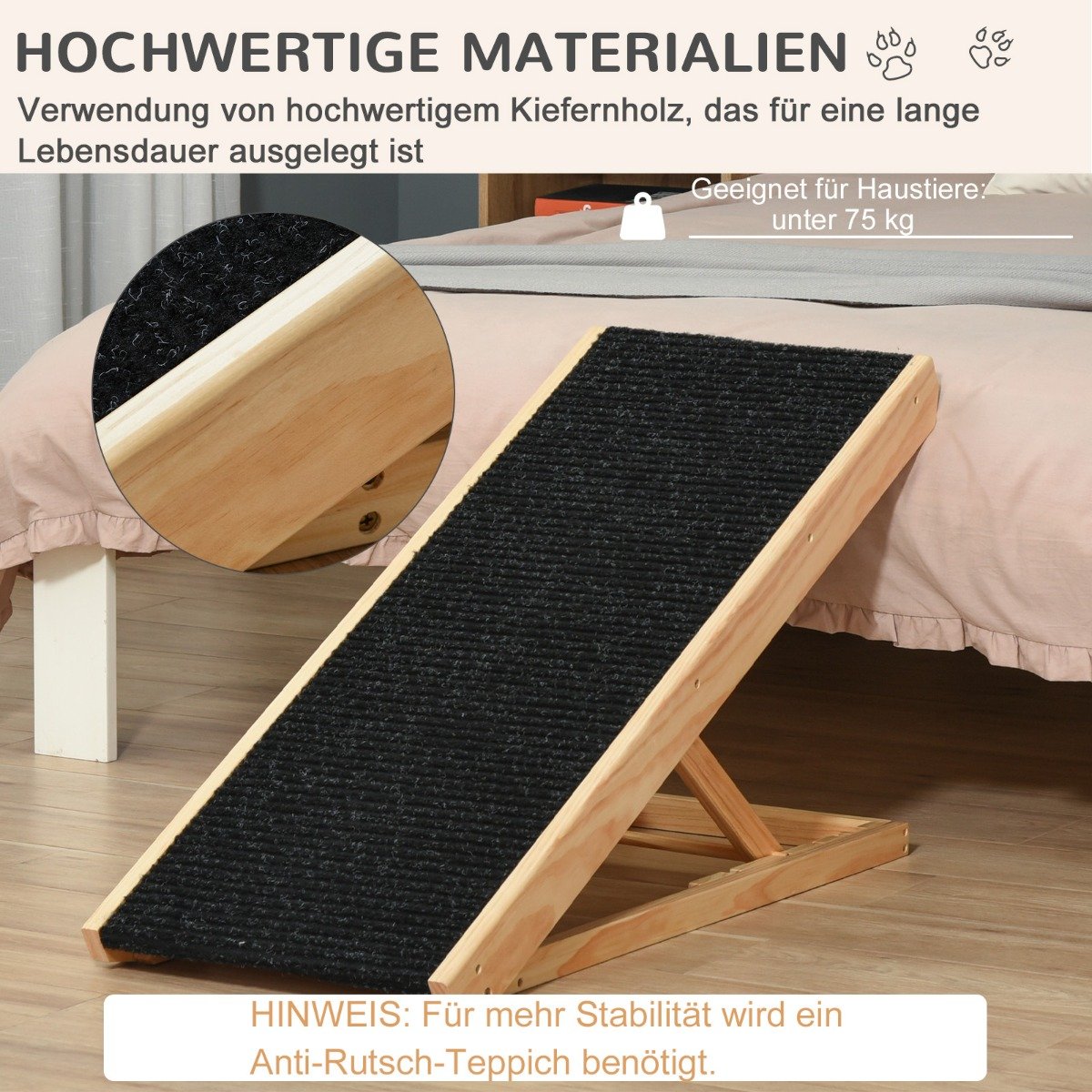 Pet Ramp Adjustable Dog Ramp With Non-Slip Carpet, Pinewood, Polyester, 90X40X61Cm