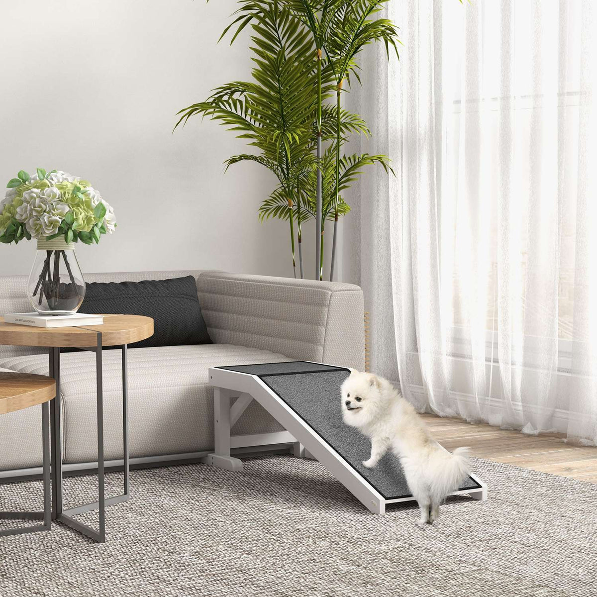 Pet Ramp With Non-Slip Carpet Pet Ladder Dog Ramp For Dogs Up To 30 Kg Pine Wood Polyester White + Gray 125 X 40 X 35.5 Cm