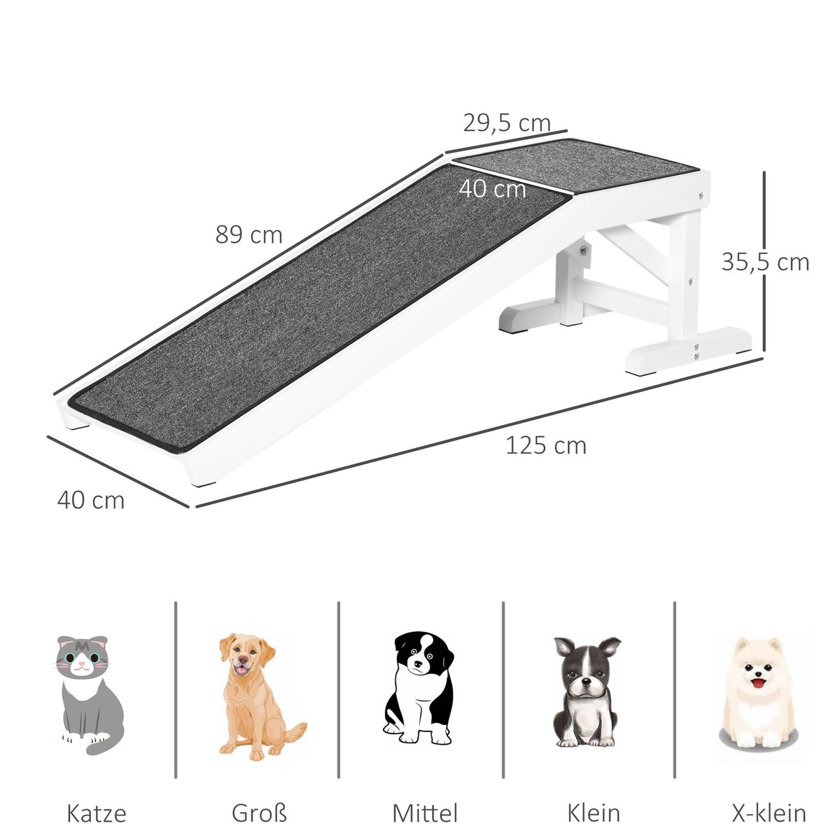 Pet Ramp With Non-Slip Carpet Pet Ladder Dog Ramp For Dogs Up To 30 Kg Pine Wood Polyester White + Gray 125 X 40 X 35.5 Cm