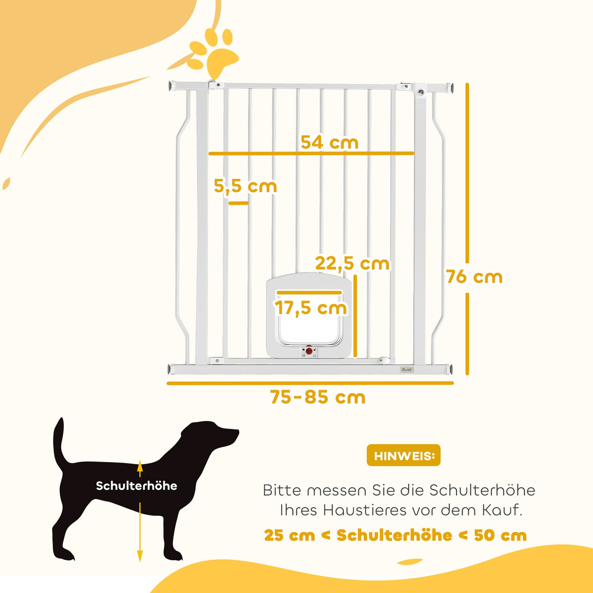 Pet Safety Gate with Cat Flap, No Drill, 75-85 cm, Steel