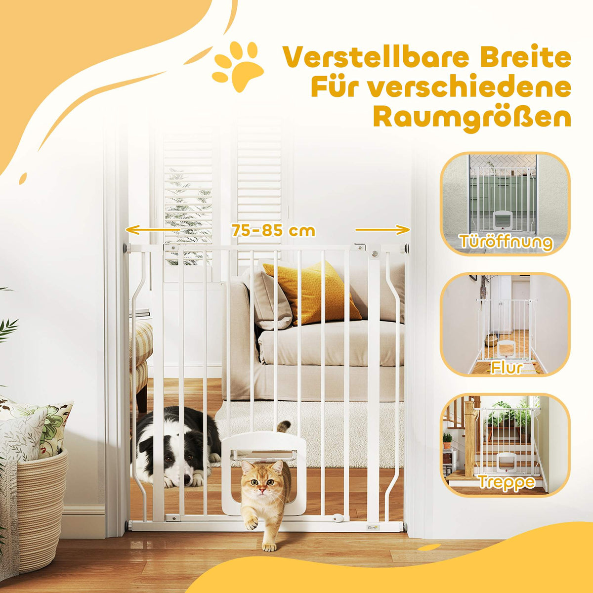 Pet Safety Gate with Cat Flap, No Drill, 75-85 cm, Steel