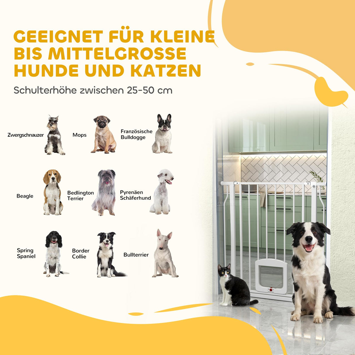 Pet Safety Gate with Cat Flap, No Drill, 75-85 cm, Steel
