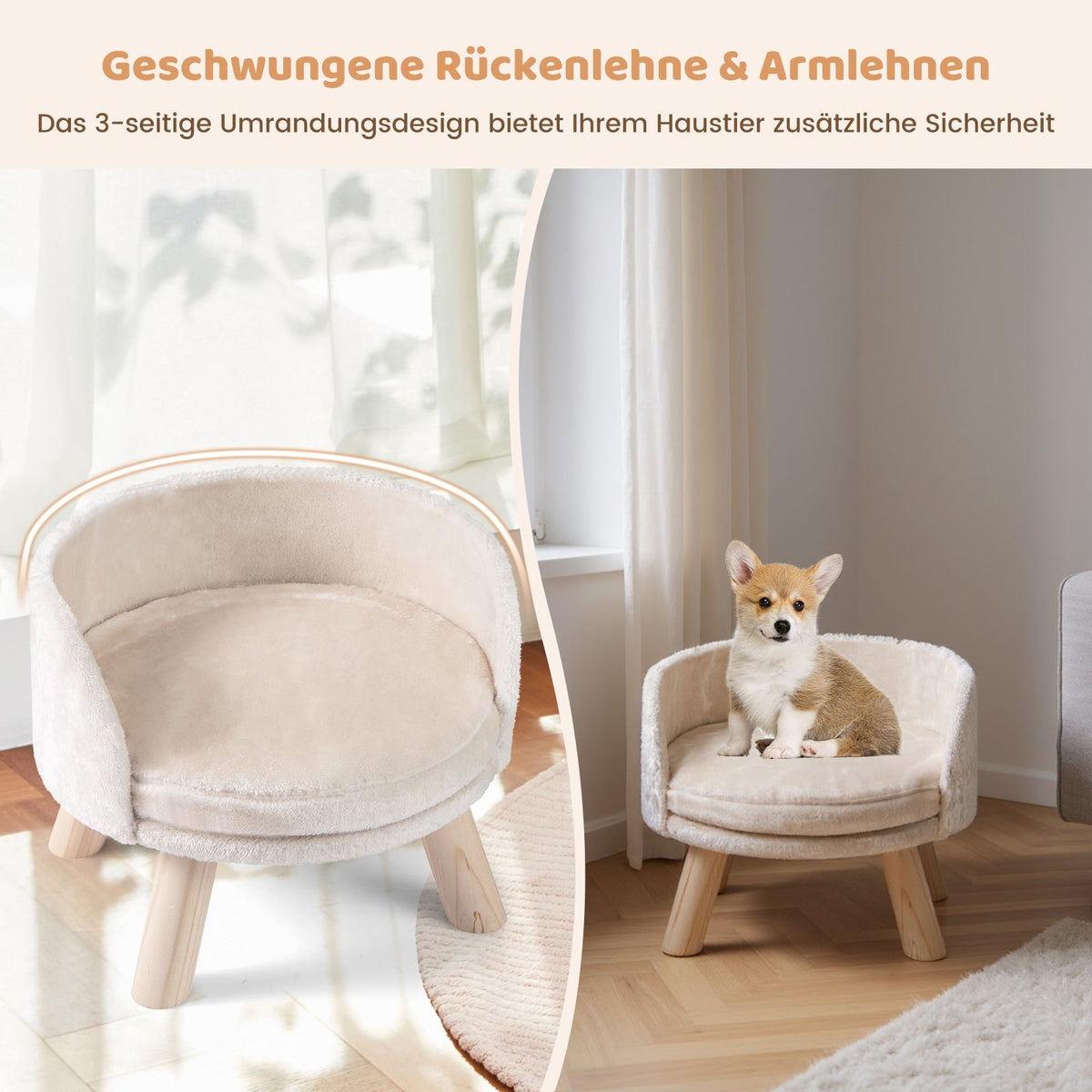 Pet Sofa Bed with Cushion, Pine Wood Legs, Beige