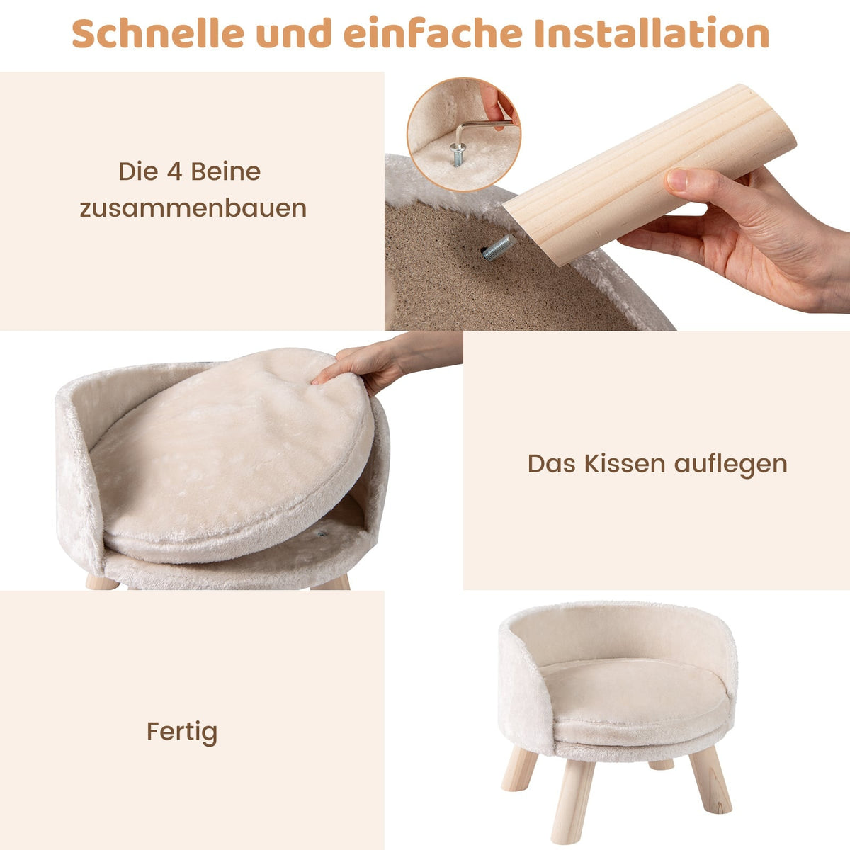 Pet Sofa Bed with Cushion, Pine Wood Legs, Beige
