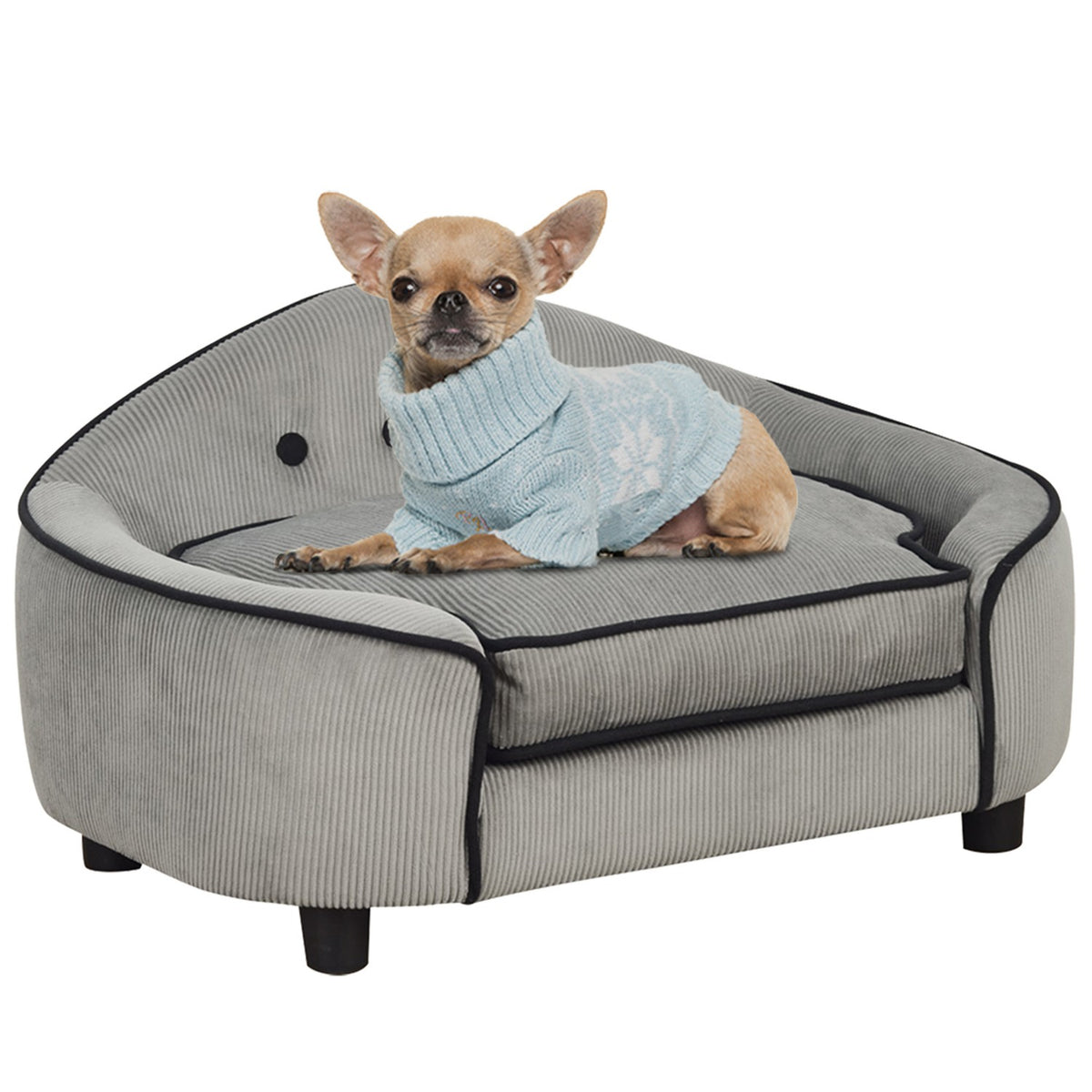 Pet Sofa Cozy Dog Bed Made Of Natural Wood & Plush, Gray, 66.5X45X35.5Cm
