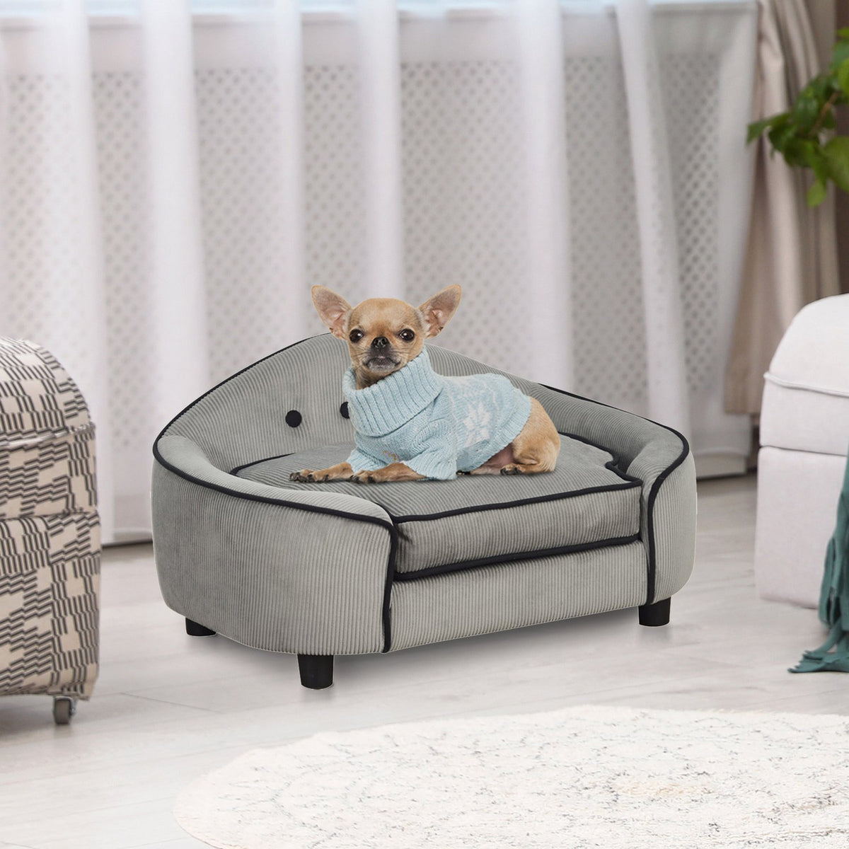 Pet Sofa Cozy Dog Bed Made Of Natural Wood & Plush, Gray, 66.5X45X35.5Cm