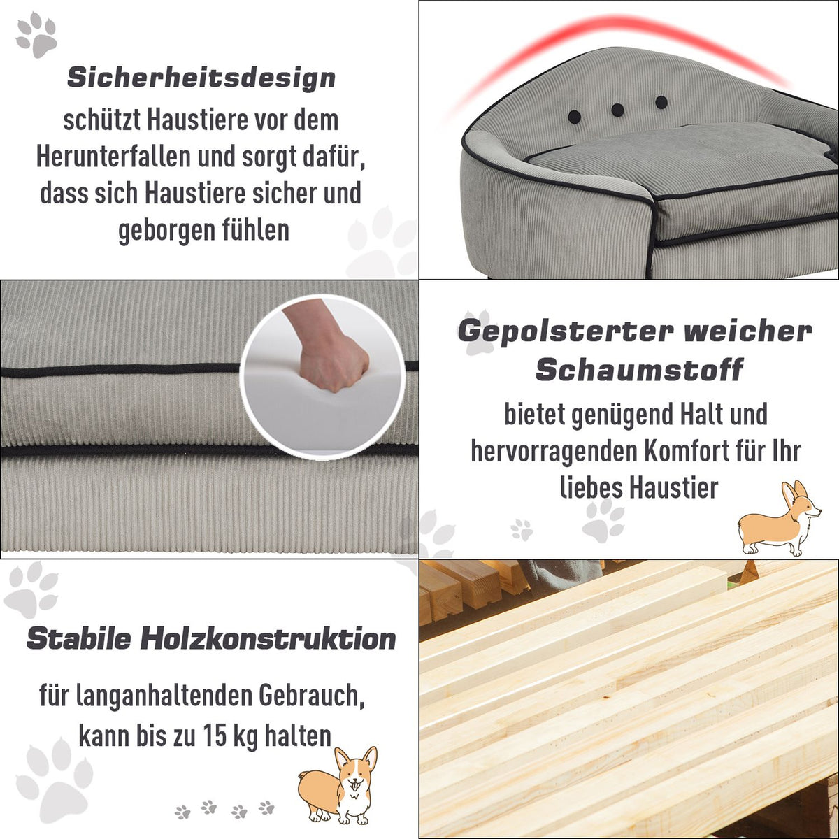 Pet Sofa Cozy Dog Bed Made Of Natural Wood & Plush, Gray, 66.5X45X35.5Cm