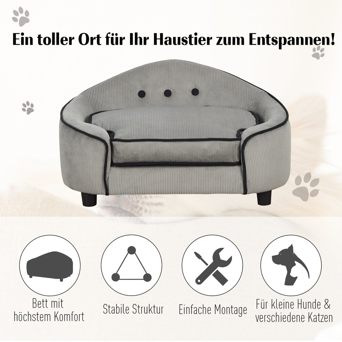 Pet Sofa Cozy Dog Bed Made Of Natural Wood & Plush, Gray, 66.5X45X35.5Cm