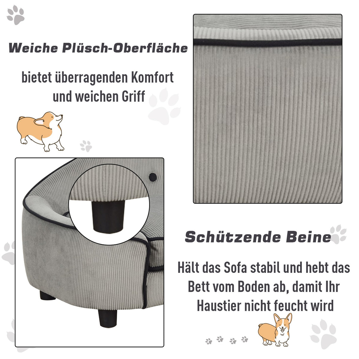 Pet Sofa Cozy Dog Bed Made Of Natural Wood & Plush, Gray, 66.5X45X35.5Cm