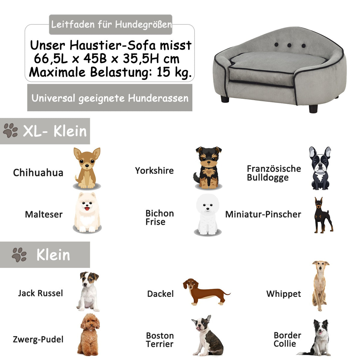Pet Sofa Cozy Dog Bed Made Of Natural Wood & Plush, Gray, 66.5X45X35.5Cm