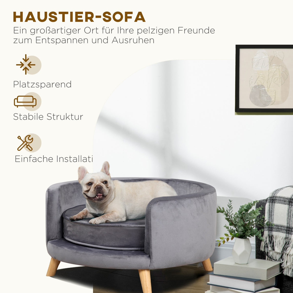 Pet Sofa Sofa for Medium Dogs, Elevated Dog Bed with Wooden Frame, Gray, 68x68x35cm
