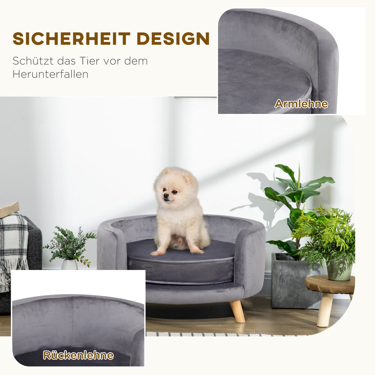 Pet Sofa Sofa for Medium Dogs, Elevated Dog Bed with Wooden Frame, Gray, 68x68x35cm