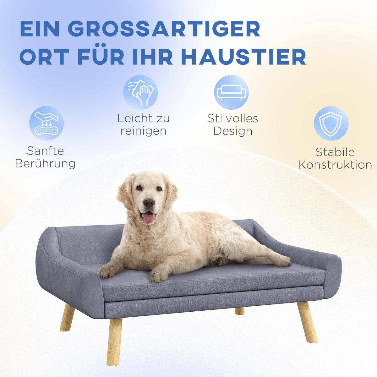 Pet Sofa in Grey Velvet, Removable Cushion, 102 x 58.5 x 42.5 cm