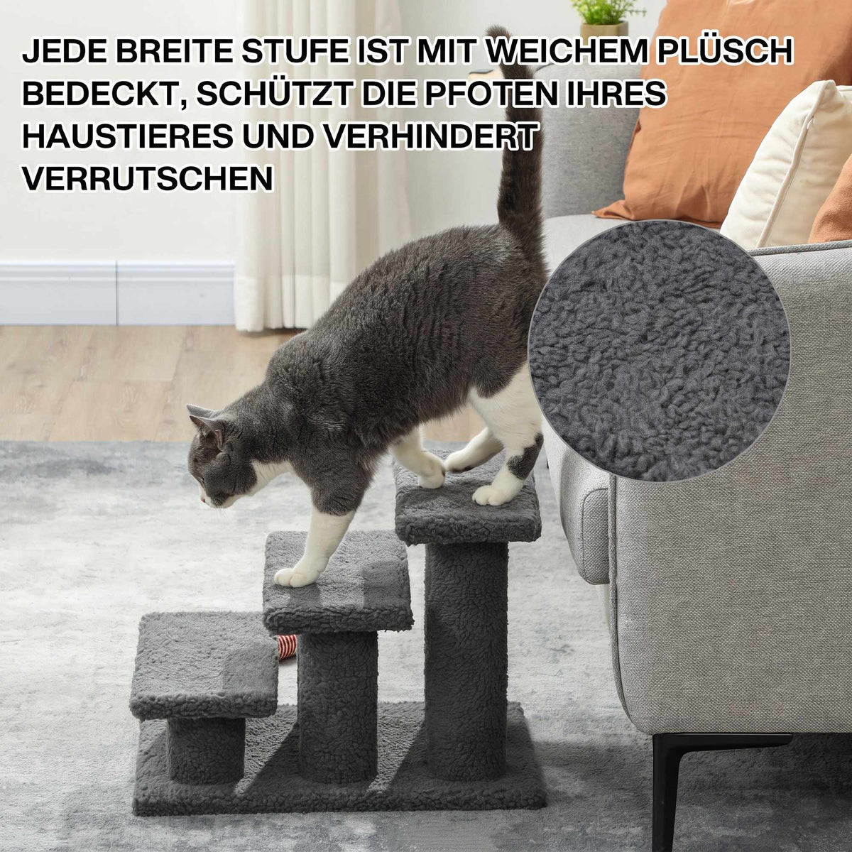 Pet Staircase with 3 Steps, Dark Gray Plush, 45x35x34 cm