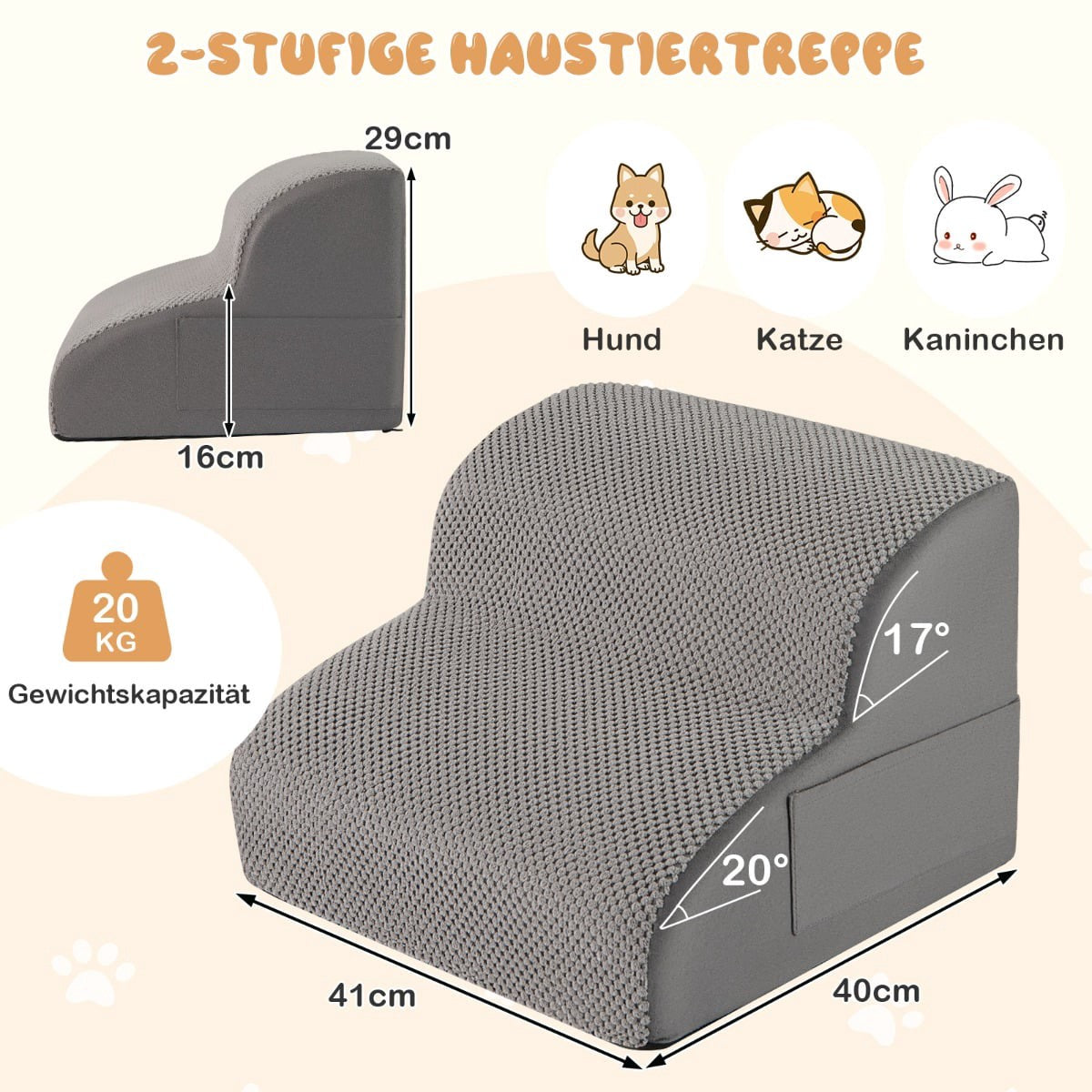 Pet Stairs, 2-Step Foam, Non-Slip, 20kg Capacity, Grey