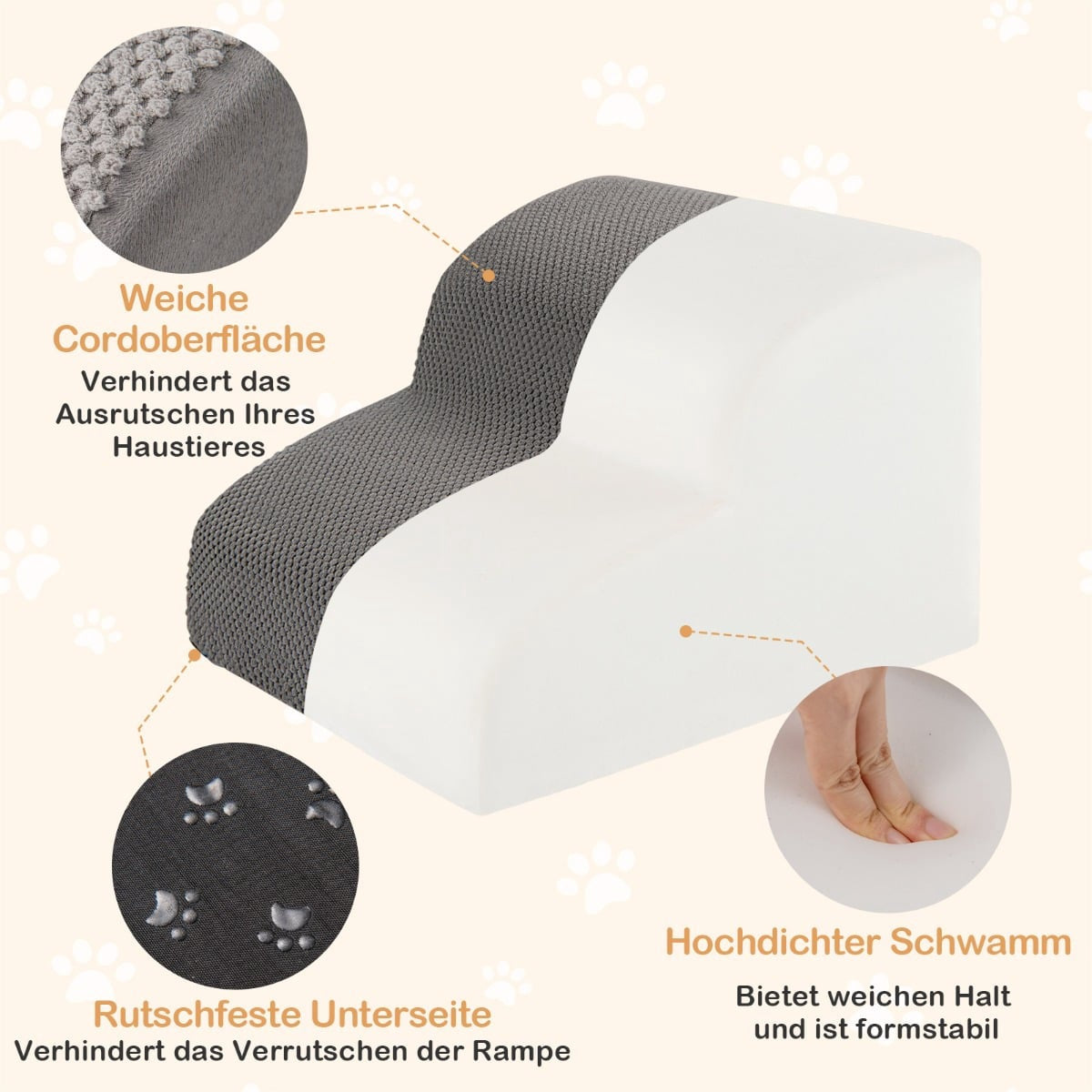 Pet Stairs, 2-Step Foam, Non-Slip, 20kg Capacity, Grey