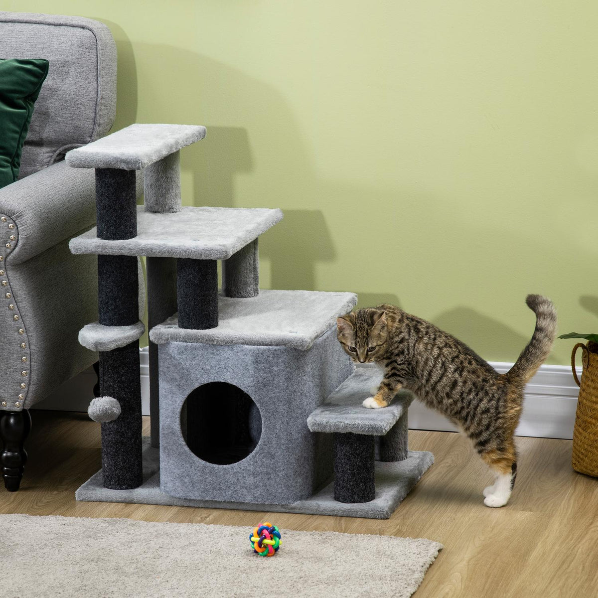 Pet Stairs 3/4 Step Cat Stairs With Sleeping Cave & Hanging Play Ball Chipboard Plush