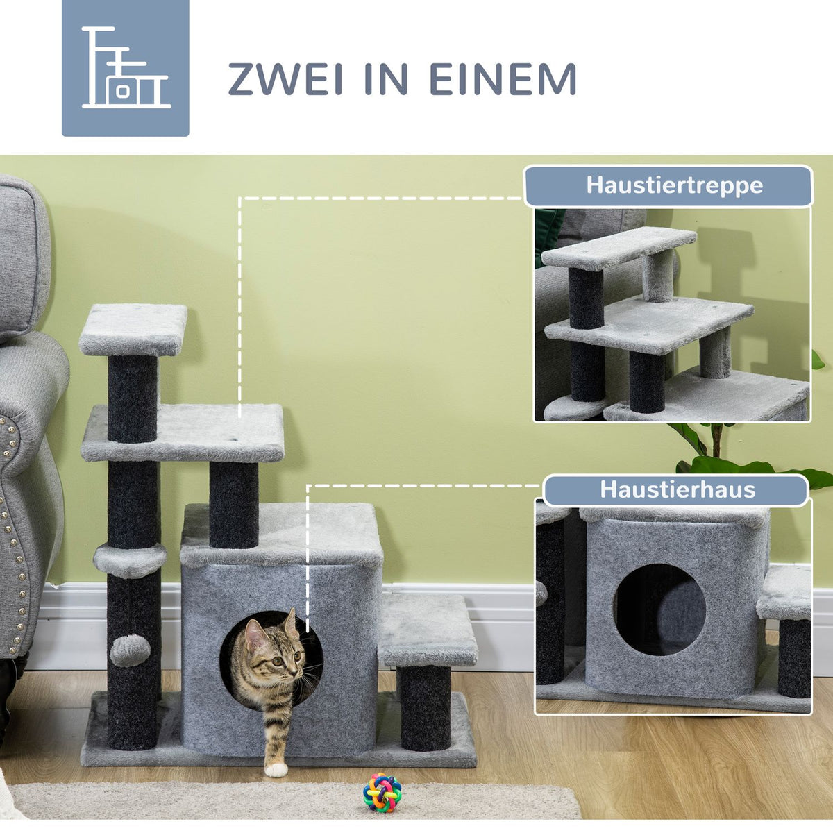 Pet Stairs 3/4 Step Cat Stairs With Sleeping Cave & Hanging Play Ball Chipboard Plush